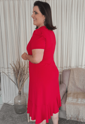 Vestido Midi Decote V Babado Vermelho
